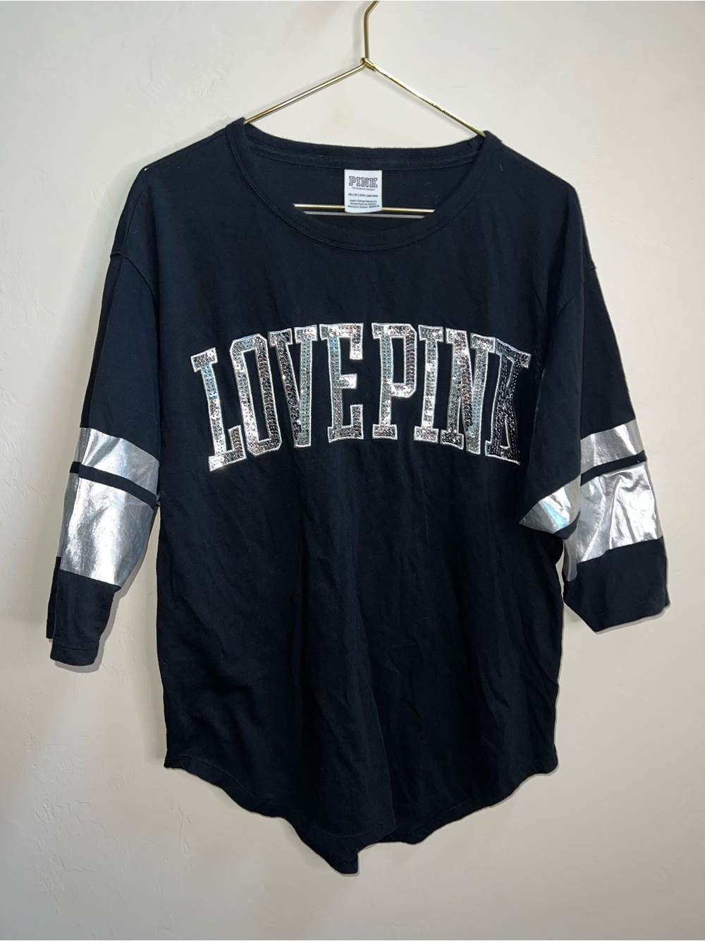 PINK Victoria's Secret Black 'LOVE PINK' Jersey Tee with Silver Accents